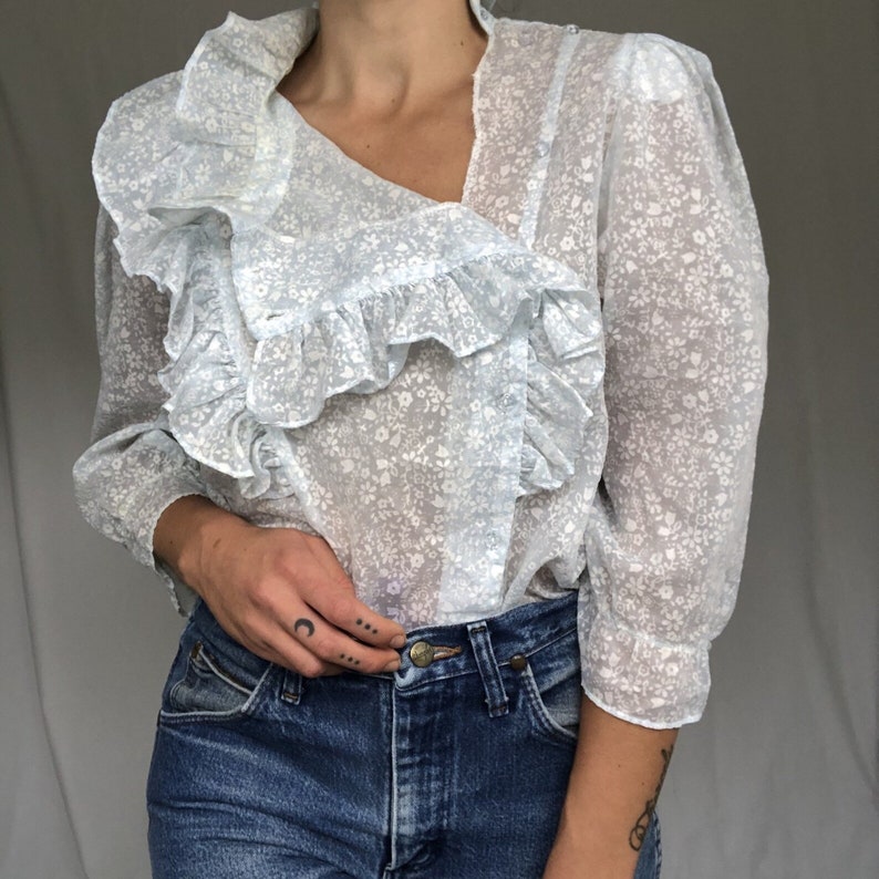 Vintage 80s Ruffle Collar Blouse, High Neck, Sheer, Edwardian / Victorian, Romantic, Boho, Floral image 2