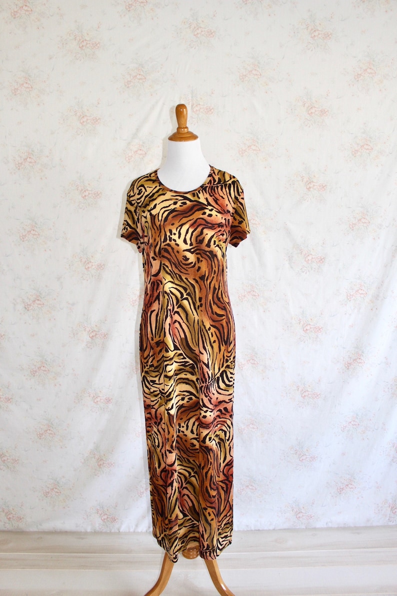 Vintage 90s Animal Print Dress, 1990s Stretch Maxi Dress With High Slit, Tiger, Y2K image 1