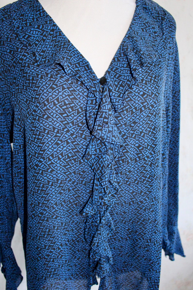 Vintage 90s Silk Blouse, 1990s Ruffle Collar Blouse, Abstract Geometric Print, Blue, Black, Top image 3
