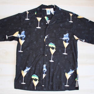 Vintage 90s Martini Cocktail Shirt, 1990s Novelty Print Shirt, Bartender, Camp, Hawaiian, Vacation, Tropical Fish, Button Up image 2