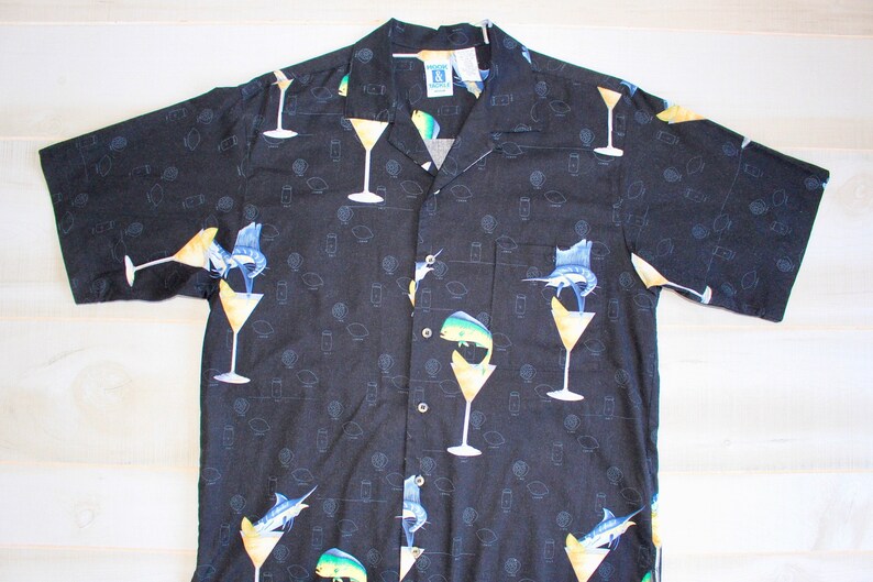 Vintage 90s Martini Cocktail Shirt, 1990s Novelty Print Shirt, Bartender, Camp, Hawaiian, Vacation, Tropical Fish, Button Up image 1