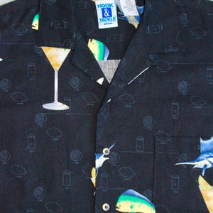 Vintage 90s Martini Cocktail Shirt, 1990s Novelty Print Shirt, Bartender, Camp, Hawaiian, Vacation, Tropical Fish, Button Up image 3