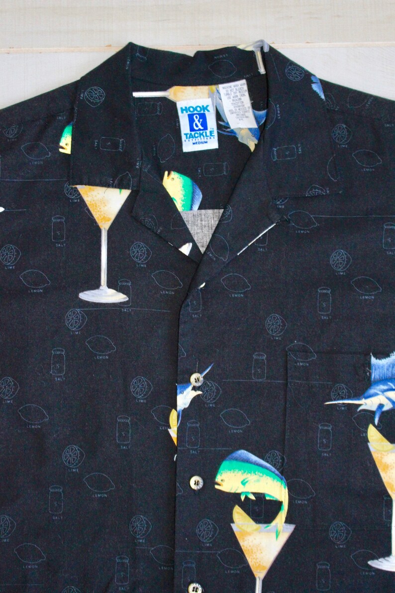 Vintage 90s Martini Cocktail Shirt, 1990s Novelty Print Shirt, Bartender, Camp, Hawaiian, Vacation, Tropical Fish, Button Up image 3