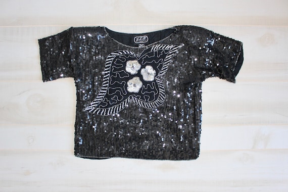 Vintage 80s Sequin Top, 1980s Beaded Blouse, Blac… - image 1