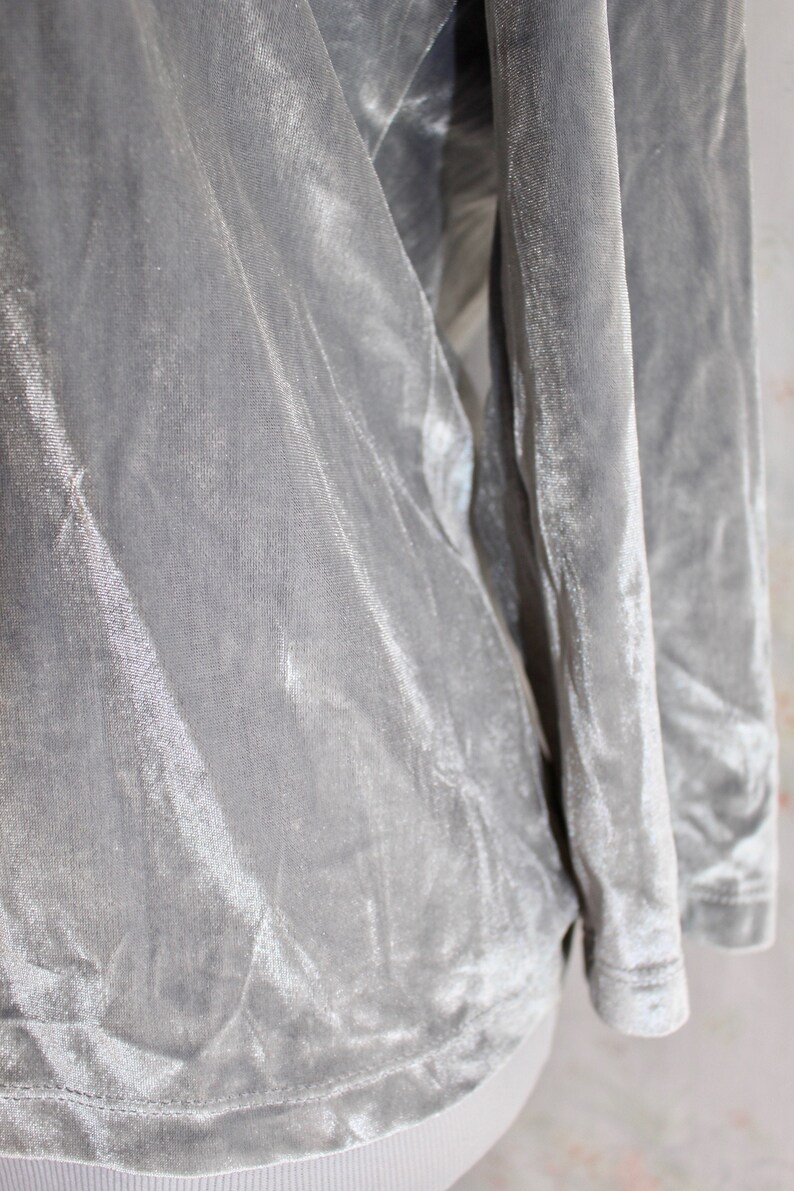 Hipster Rave Party Vintage 90s Silver Velvet Shirt Metallic Top 1990s Scoop Neck Velvet Blouse Club