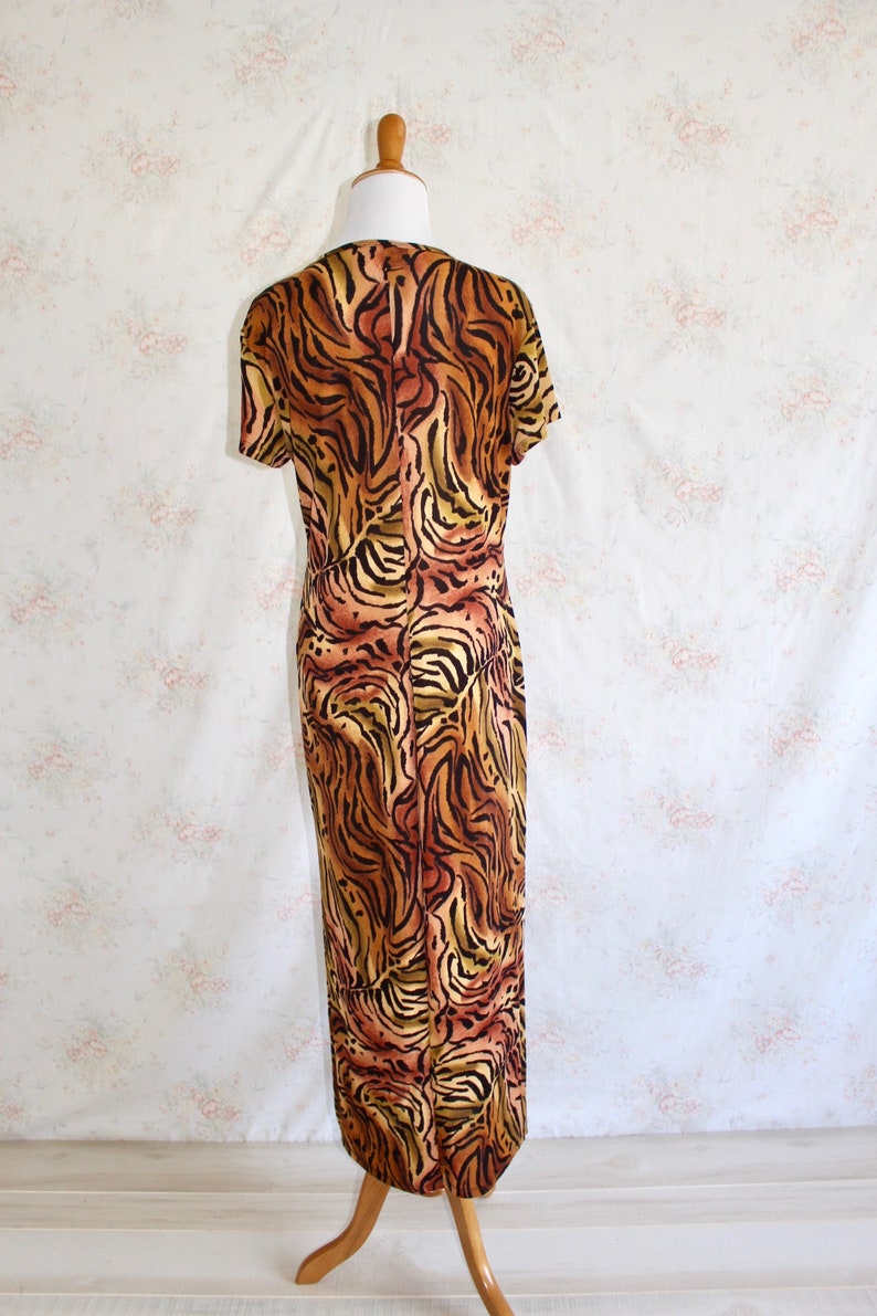 Vintage 90s Animal Print Dress, 1990s Stretch Maxi Dress With High Slit, Tiger, Y2K image 6