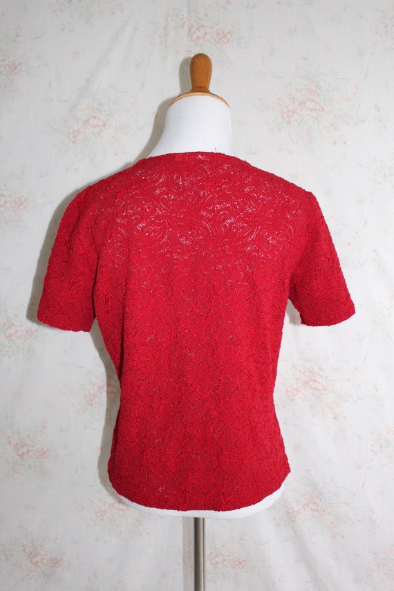 Vintage 90s Lace Top, 1990s Red Stretch Lace, Sho… - image 4