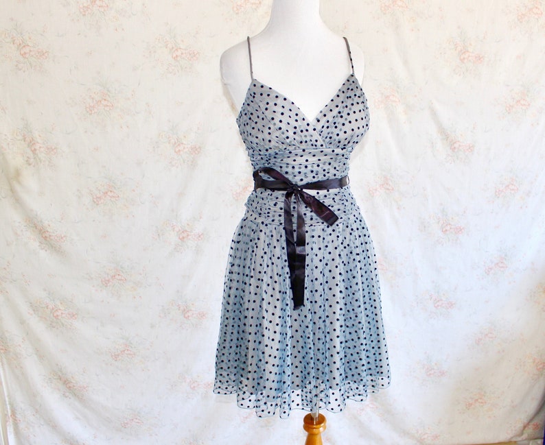 Vintage Y2K Prom Dress, Tulle Party Dress, Polka Dot, Sheer, Spaghetti Strap, Blue, A Line, 1950s, 50s image 2