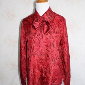 Vintage Silk Blouse, Pussy Bow, Ascot, Paisley Print, Geometric, Red, Long Sleeve, Satin, Secretary, Puff Sleeves image 2