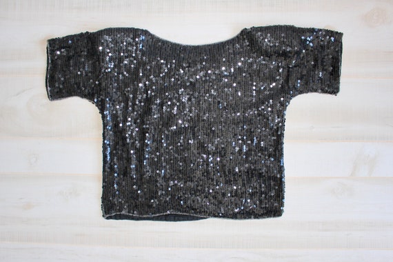 Vintage 80s Sequin Top, 1980s Beaded Blouse, Blac… - image 5