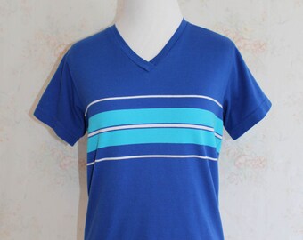 Vintage 80s Striped Shirt, 1980s Stripe Top, Short Sleeve, Basic, V Neck, Color Block