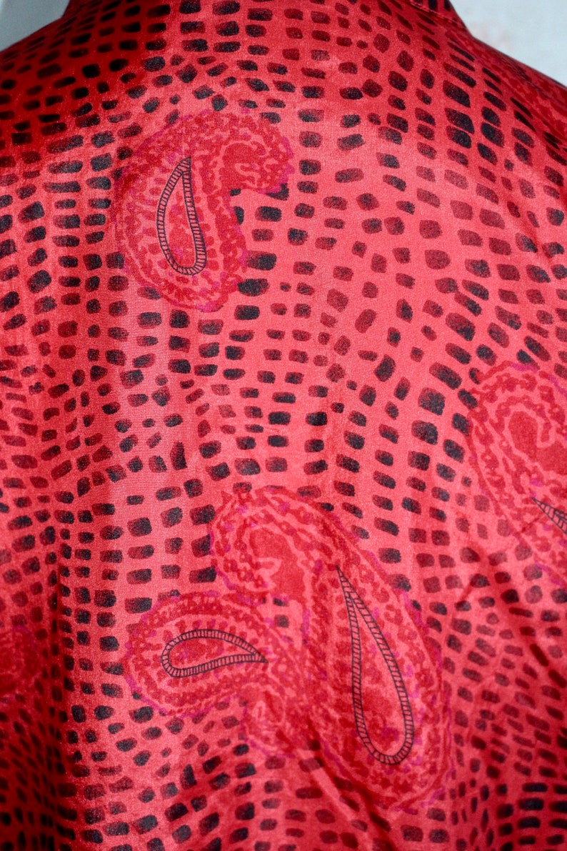 Vintage Silk Blouse, Pussy Bow, Ascot, Paisley Print, Geometric, Red, Long Sleeve, Satin, Secretary, Puff Sleeves image 6