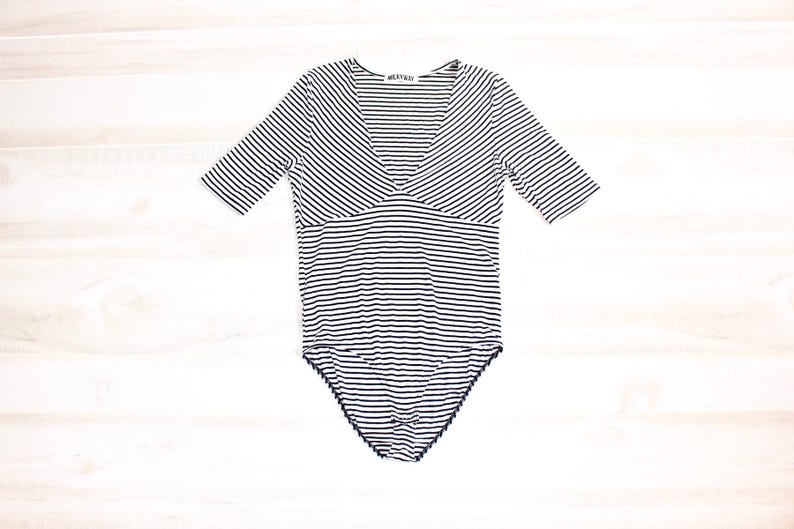 Vintage 90s Bodysuit, Plunging V Neck, Striped, Black & White, 1990s, 90s Clothing, Reformation image 1