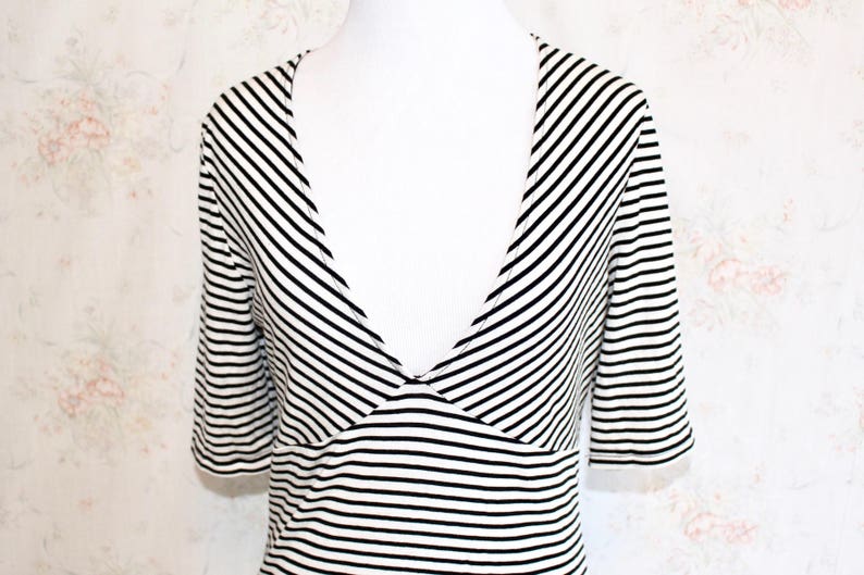 Vintage 90s Bodysuit, Plunging V Neck, Striped, Black & White, 1990s, 90s Clothing, Reformation image 3