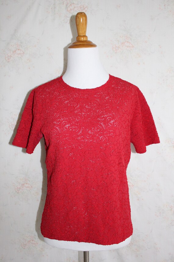 Vintage 90s Lace Top, 1990s Red Stretch Lace, Sho… - image 2