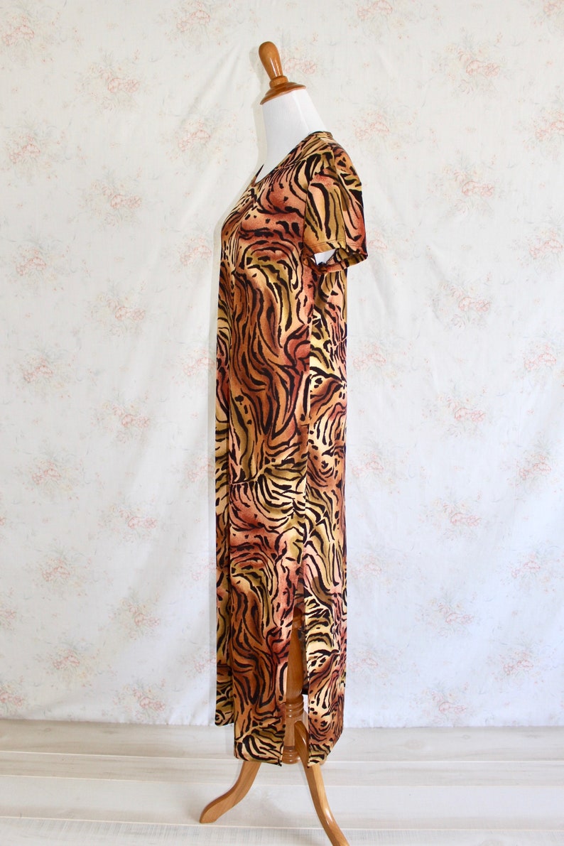 Vintage 90s Animal Print Dress, 1990s Stretch Maxi Dress With High Slit, Tiger, Y2K image 4