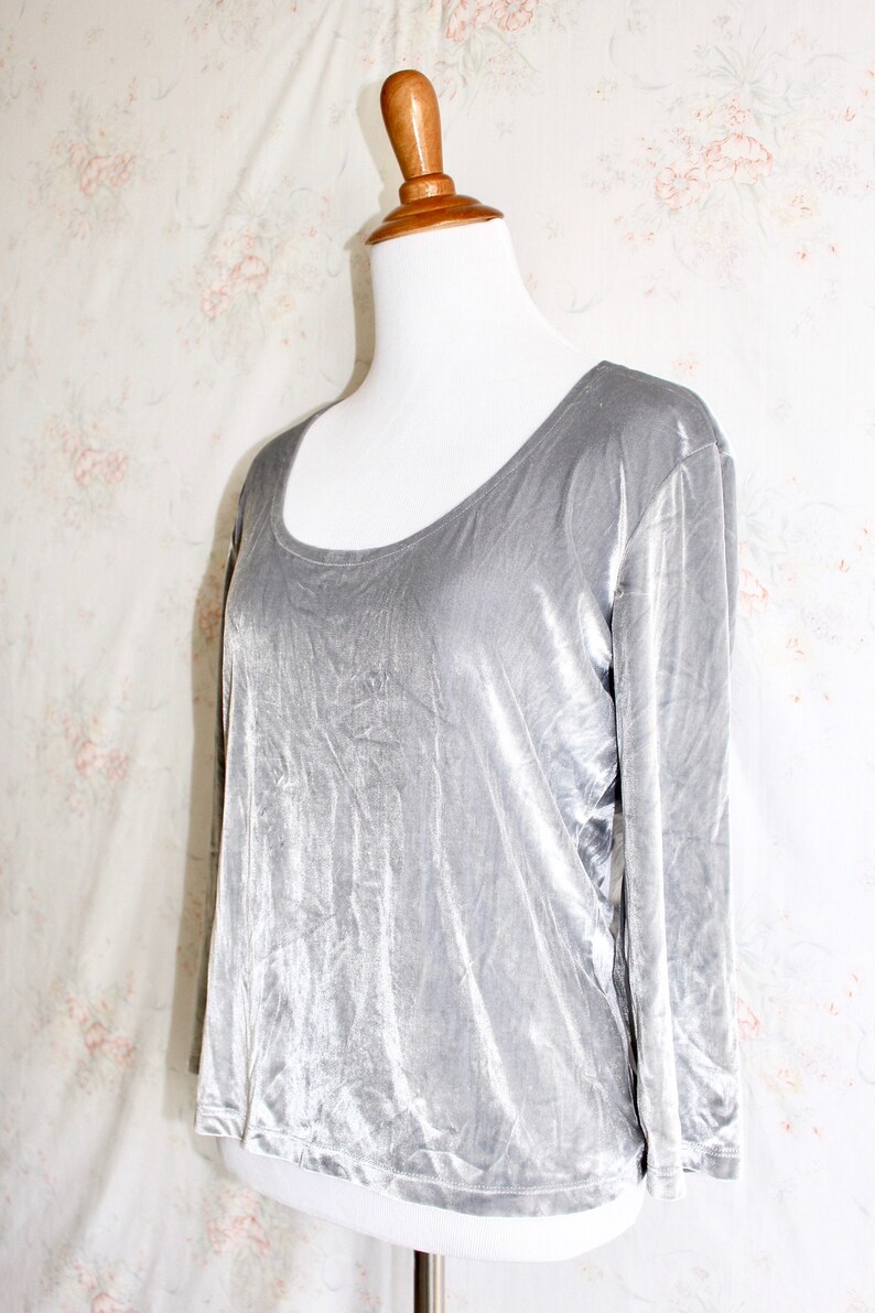 Hipster Rave Party Vintage 90s Silver Velvet Shirt Metallic Top 1990s Scoop Neck Velvet Blouse Club