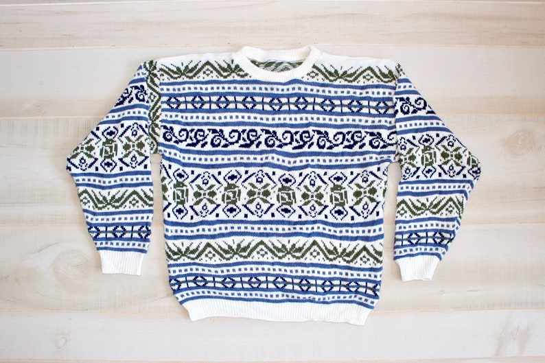 Vintage 80s Ski Sweater, 1980s Nordic Sweater, Fair Isle, Geometric, Knit, Crewneck image 1