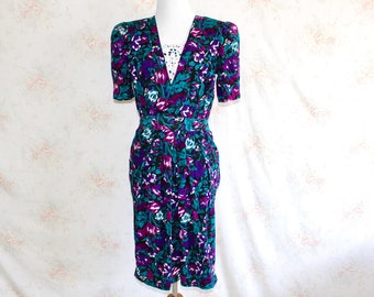 Vintage 80s Floral Dress, 1980s Secretary Dress, Flower Print Dress, Shoulder Pad Dress