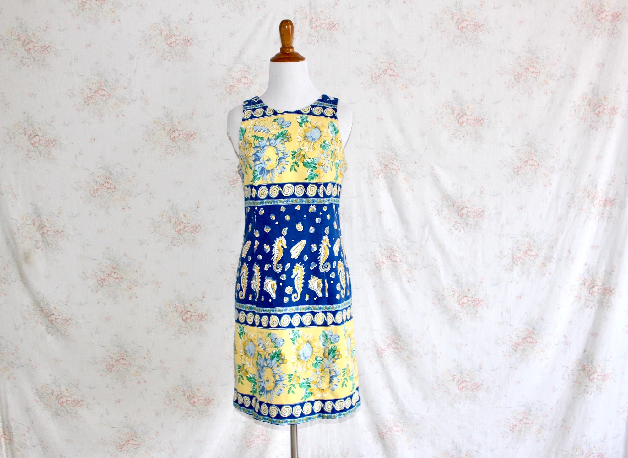 Vintage 90s Cotton Sunflower Dress, Seahorse Print, Colorblock Denim