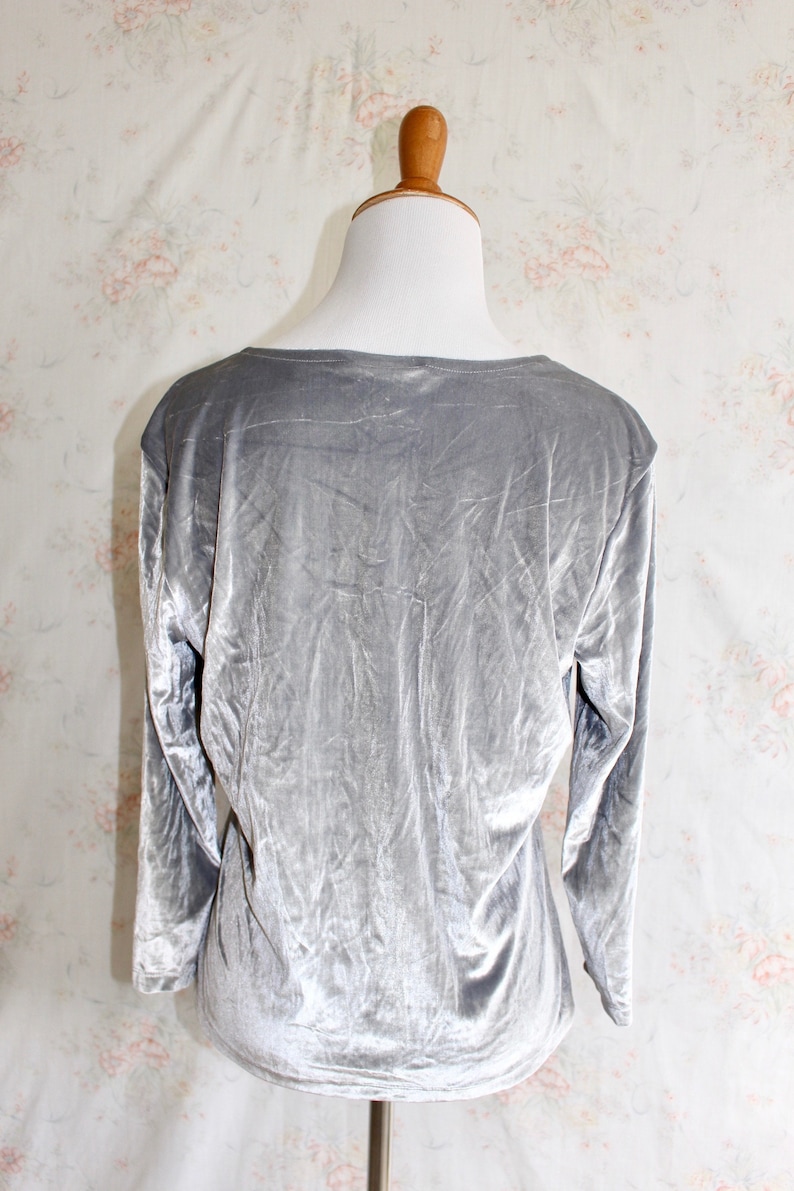 Hipster Rave Party Vintage 90s Silver Velvet Shirt Metallic Top 1990s Scoop Neck Velvet Blouse Club