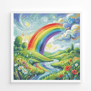 May include: A square framed cross-stitch embroidery depicting a vibrant landscape with a multi-coloured rainbow arching over rolling green hills, a winding blue river, and a field of red and white flowers under a swirling sky with clouds.