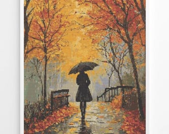 Autumn Rain Cross Stitch Pattern PDF – Woman Umbrella Fall Landscape Embroidery (Pattern Keeper Compatible)