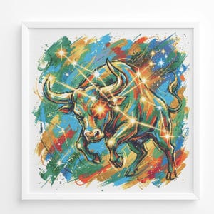 May include: A square framed cross-stitch artwork depicting a bull in a charging stance. The bull is rendered in shades of green, blue, and gold, overlaid with bright white star-like points connected by thin lines, set against a colorful abstract background.