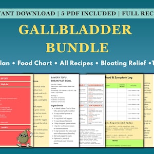 May include: A digital Gallbladder Bundle featuring five PDF documents including a meal plan, food chart, recipes, bloating relief guide, and tracker. The pages display text, tables, and a cartoon gallbladder character wearing sunglasses.