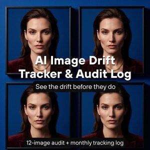 Könnte beinhalten: Eine digitale Grafik mit vier identischen Porträts einer Person mit braunem Haar in einem dunkelroten Blazer, eingerahmt in schwarzen Quadraten vor blauem Hintergrund. Der Text lautet: AI Image Drift Tracker & Audit Log, See the drift before they do, 12-image audit + monthly tracking log.