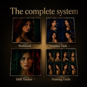 May include: The complete system digital display featuring four sections labeled Workbook, Template Pack, Drift Tracker, and Framing Guide. Each section contains photographic portraits of a person with long dark hair against dark backgrounds.