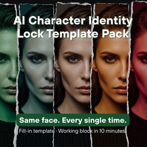 May include: A digital template pack featuring five vertical panels with torn edges, each displaying the same face in different colour tints: green, teal, natural, amber, and red. Text reads: AI Character Identity Lock Template Pack. Same face. Every single time. Fill-in template · Working block in 10 minutes.
