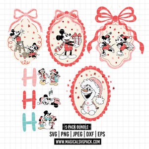 May include: Christmas-themed SVG bundle featuring Mickey and Minnie Mouse, and Olaf. Includes ornaments, the letters "HO HO HO", and the text "5 PACK BUNDLE". The designs are in red, white, and black.