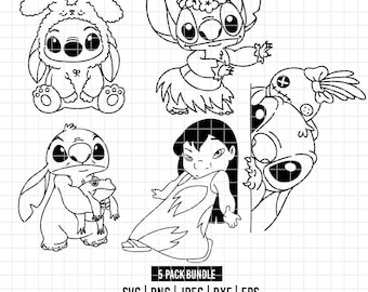 4023 - Pacchetto di illustrazioni di Lilo e Stitch in formato Svg, Eps, Png, Dxf, Jpeg (costume da coniglio - hawaiano - con il rospo - lilo - scrump)