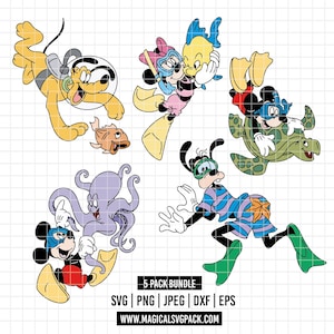 Puede incluir: Una colección de personajes de dibujos animados con equipo de buceo y trajes de baño. Se presentan Pluto, Minnie Mouse, Mickey Mouse y Goofy, junto con un pulpo, un pez y una tortuga. La imagen incluye el texto "5 PACK BUNDLE" e información del sitio web.