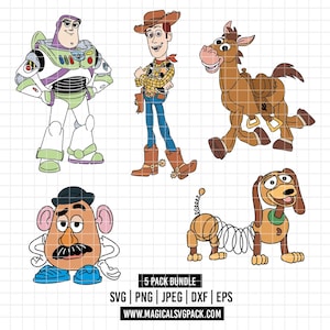 Puede incluir: Ilustración digital de cinco personajes de Toy Story: Buzz Lightyear, Woody, Bullseye, Mr. Potato Head y Slinky Dog. La imagen incluye el texto "5 PACK BUNDLE" e información del sitio web. Los personajes son de estilo caricatura.