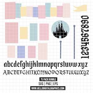 May include: Digital graphic elements in pastel colors, including rectangles, a castle silhouette, and a font set. The image includes the text "75 PACK BUNDLE SVG | PNG | EPS" and the website address "WWW.HELLODIGITALGRAPHICS.COM".