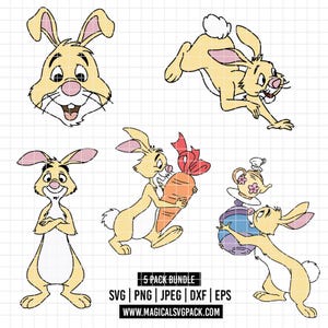 May include: Five cartoon rabbit illustrations in different poses. The rabbits are yellow with pink ears and noses. One rabbit is holding a large orange carrot. Text at the bottom reads "5 PACK BUNDLE" and file type options.