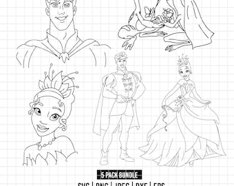 3876 - The princess and the frog pack bundle line art Svg, Eps, Png, Dxf, Jpeg (Tiana and Naveen - silhouettes)
