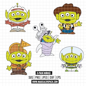 May include: A collection of five cartoon alien characters in various outfits. The aliens are green with three eyes and are wearing costumes such as a cowboy hat, space suit, and a chef's hat. The image includes the text "5 PACK BUNDLE" and file type options.