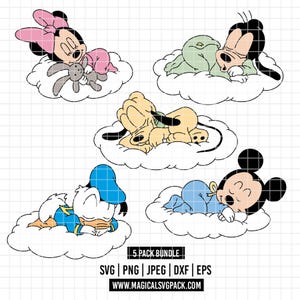 Può includere: Illustrazione digitale di cinque personaggi dei cartoni animati che dormono sulle nuvole. Minnie, Pippo, Pluto, Paperino e Topolino sono raffigurati in stile neonato. L'immagine include il testo "5 PACK BUNDLE" e informazioni sul tipo di file.