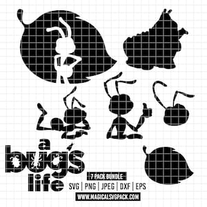 May include: A digital graphic bundle featuring black silhouettes of characters and a leaf from A Bug's Life, including the movie title text, file format labels SVG, PNG, JPEG, DXF, EPS, and the website URL WWW.MAGICALSVGPACK.COM on a white grid.
