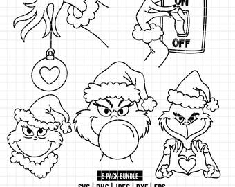 4301 - Pacote de desenhos do Grinch em formato SVG, EPS, PNG, DXF e JPEG (Sino de Natal - ligado/desligado - sorrindo - balão de chiclete - coração)