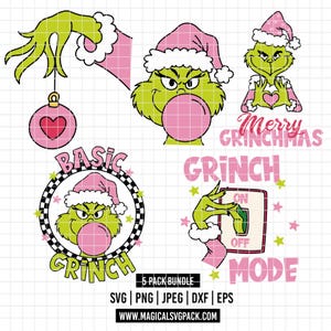 Puede incluir: Un conjunto de diseños digitales con temática de Grinch en verde, rosa y blanco. Los diseños presentan al personaje del Grinch con un gorro de Papá Noel, sosteniendo un corazón y soplando una burbuja. El texto incluye "Merry Grinchmas", "Basic Grinch" y "Grinch Mode".