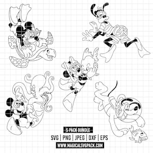 Könnte beinhalten: Schwarz-Weiß-Cartoon-Illustrationen von Micky Maus, Goofy und anderen Charakteren beim Tauchen mit Meeresbewohnern. Das Bild enthält den Text "5 PACK BUNDLE" und Website-Informationen.
