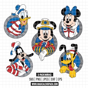 Puede incluir: Un paquete gráfico digital con cinco personajes de Disney: Pato Donald, Mickey Mouse, Minnie Mouse, Goofy y Pluto. Cada personaje está enmarcado en un diseño circular con temática náutica. Incluye el texto "5 PACK BUNDLE" e información del sitio web.