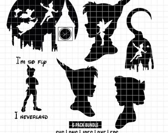 4095 - Peter Pan Pack Bundle SVG, Eps, Png, Dxf, Jpeg (Flying - Silhouette mit Glöckchen - Hook - Zitat - Wendy)