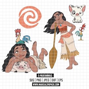 Könnte beinhalten: Ein digitales Grafikpaket mit Charakteren aus einem beliebten Animationsfilm. Das Bild enthält eine Figur mit langen schwarzen Haaren, ein Schwein, einen Hahn und ein Spiraldesign. Der Text "5 PACK BUNDLE" und Informationen zum Dateityp sind ebenfalls enthalten.