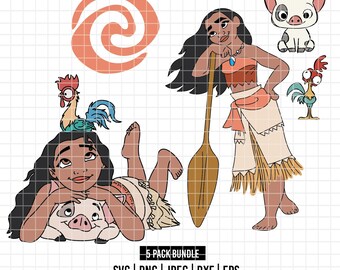 4089 - Moana pack bundle Dtf full color Svg, Eps, Png, Dxf, Jpeg (Logo - Hei Hei - Pua - Moana)