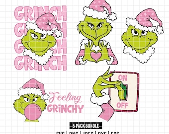 4303 - Pacote fofo do Grinch em cores vibrantes nos formatos SVG, EPS, PNG, DXF e JPEG (sorrindo - coração - chapéu de Natal - com cara de Grinch - ligado/desligado)